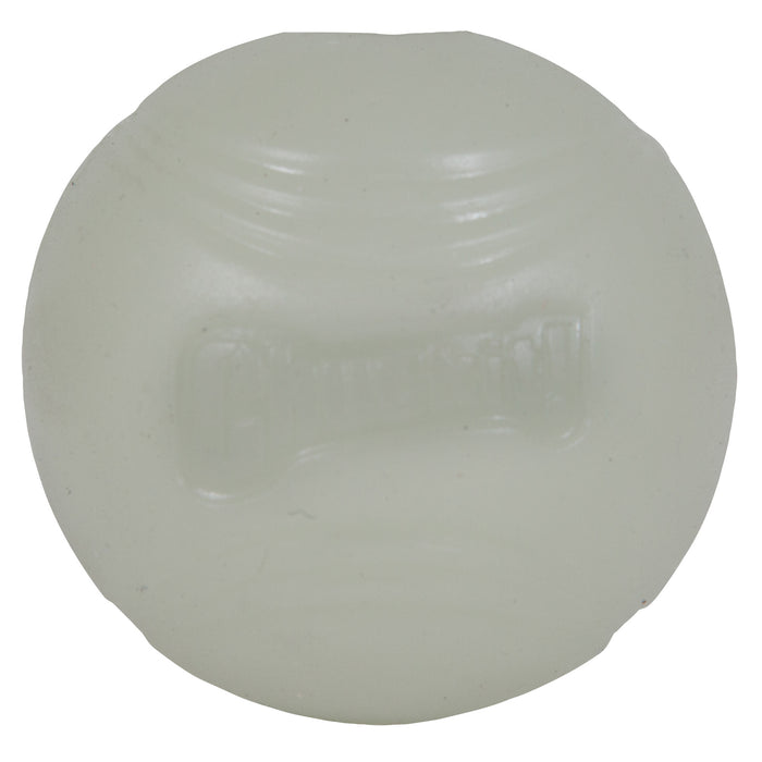 A round, off-white, translucent glow-in-the-dark dog ball with faint ridges and CHUCKIT! embossed in the center from the Chuckit! Fetch Ball Medley Triple Pack.