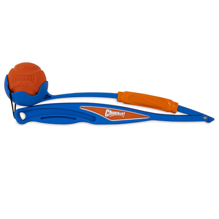 The Chuckit! Fetch & Fold Launcher by Chuckit! is a blue and orange folding dog ball launcher with a matching orange rubber ball, designed for long-distance fetch and easy storage or portability.