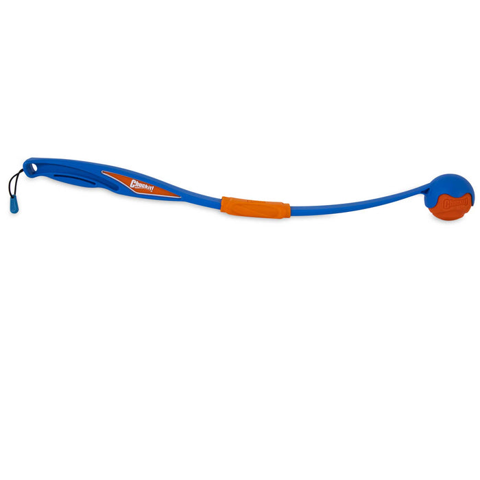 The Chuckit! Fetch & Fold Launcher by Chuckit! has a blue and orange plastic handle with a curved scoop holding a ball at the end, making it perfect for fun, easy throws.