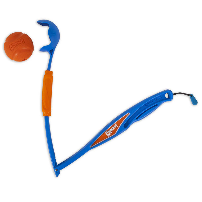 The Chuckit! Fetch & Fold Launcher by Chuckit! features a curved blue and orange handle with an orange ball in its scoop, offering a portable, folding dog ball launcher for easy on-the-go play.
