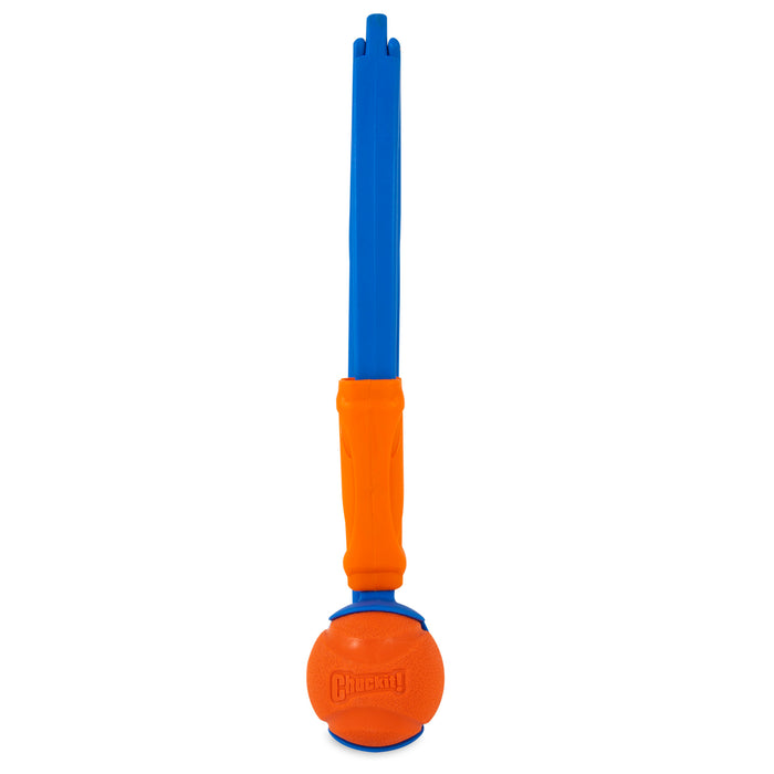 The Chuckit! Fetch & Fold Launcher by Chuckit! in blue and orange stands upright with an orange ball loaded in its scoop-shaped end—an easy-fold dog ball launcher for nonstop fetch fun against a white background.