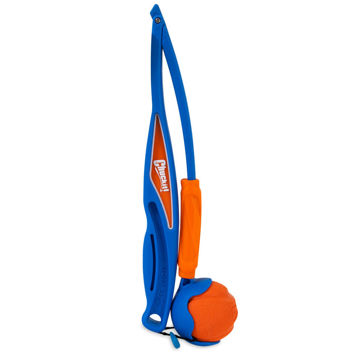 The Chuckit! Fetch & Fold Launcher by Chuckit! is a blue folding dog ball launcher with an orange handle grip and rubber ball, designed for playing fetch with dogs.