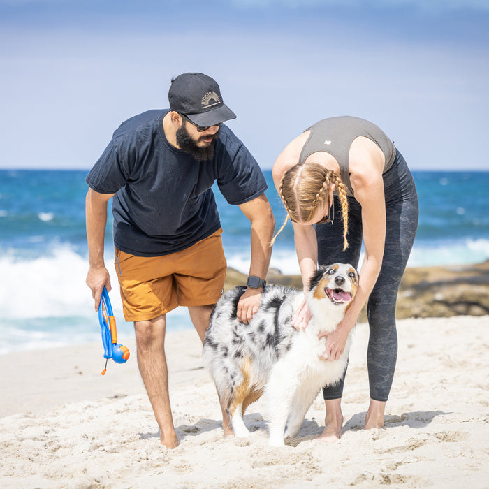 A man and woman smile on a sandy beach as they play with their happy dog. The man holds a Chuckit! Fetch & Fold Launcher by Chuckit!, while the woman pets the excited pup. Waves and rocks can be seen in the background.