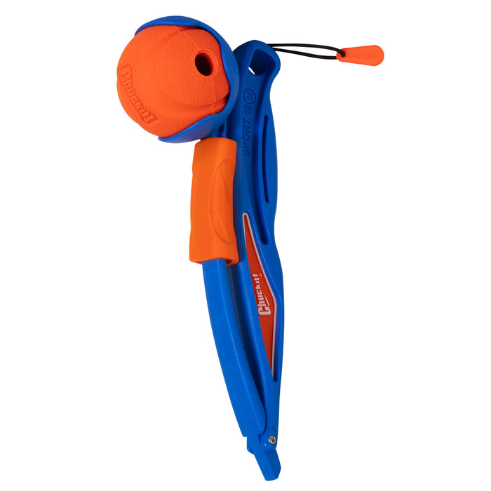 The Chuckit! Fetch & Fold Mini 18M Launcher by Chuckit! is a blue and orange portable dog toy with a matching orange rubber ball, ideal for playing fetch with your dog.