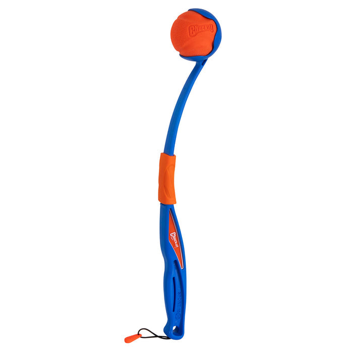 The Chuckit! Fetch & Fold Mini 18M Launcher by Chuckit! is a blue plastic dog ball launcher with an orange handle and rubber ball, designed to throw balls farther for fetch games with your dog.