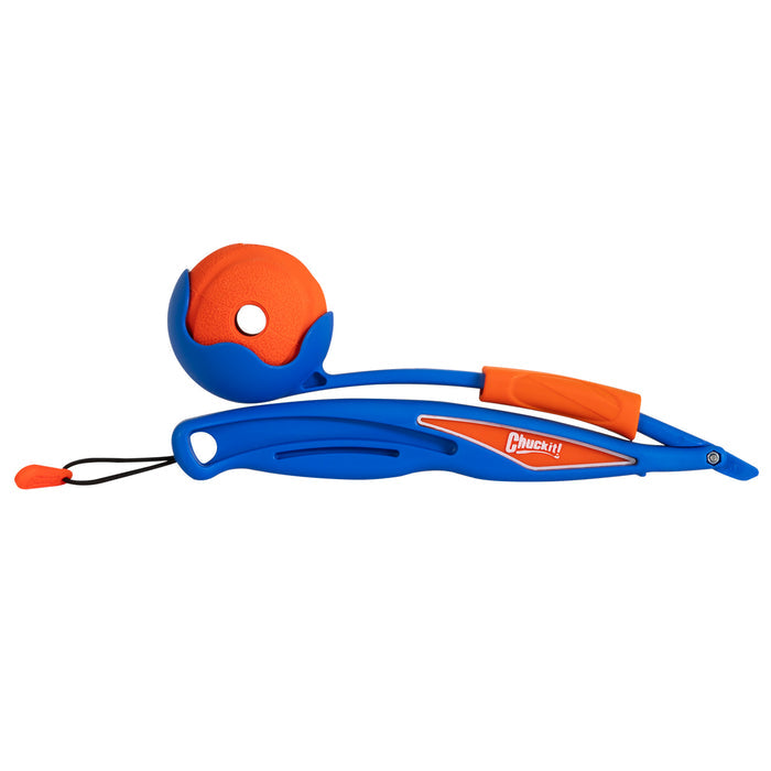 The Chuckit! Fetch & Fold Mini 18M Launcher is a compact blue and orange dog ball launcher, featuring an orange ball in the scoop and Chuckit! branding—perfect for active play with your pup.