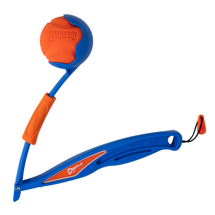 The Chuckit! Fetch & Fold Mini 18M Launcher by Chuckit! is a portable blue and orange dog toy with an orange rubber ball, designed for throwing balls long distances to make fetch fun and easy.