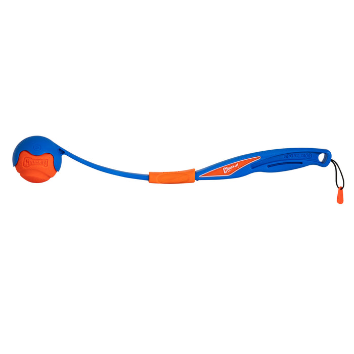 The Chuckit! Fetch & Fold Mini 18M Launcher by Chuckit! is a blue and orange fetch toy with a handle, featuring an orange rubber ball in its curved end—perfect for easy, portable play with your pup.