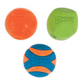 The Chuckit! Fetch Medley 2 by Chuckit! includes three natural rubber dog balls—solid orange, solid green, and blue with orange stripes—all embossed with the Chuckit! logo.