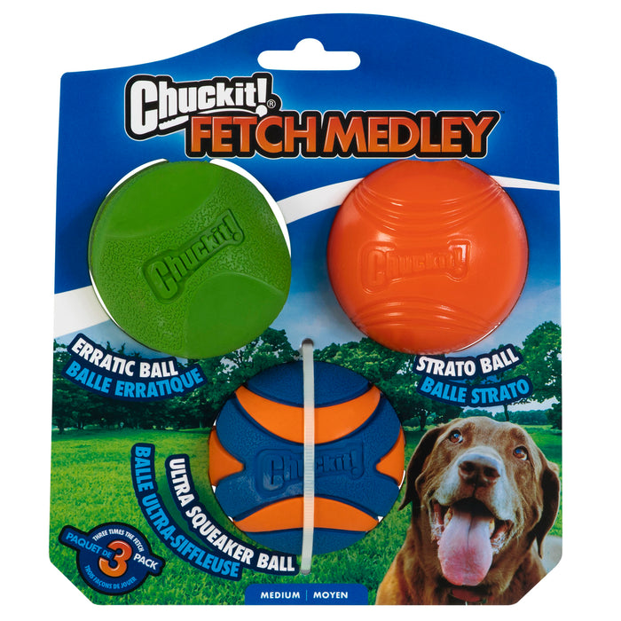 A package of Chuckit! Fetch Medley 2 by Chuckit!, featuring three natural rubber balls—green, orange, and blue/orange—labeled Erratic Ball, Strato Ball, and Ultra Squeaker Ball, with a happy dog photo in the bottom right corner.