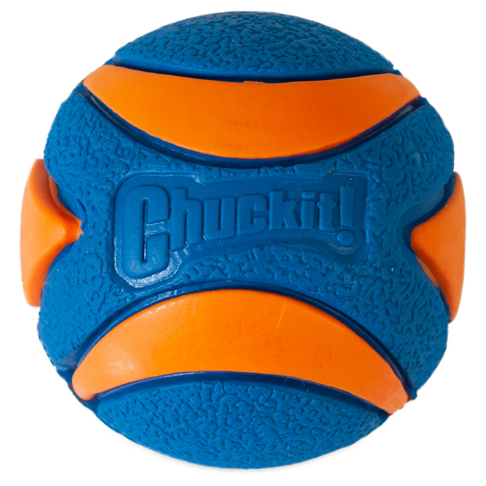 The Chuckit! Fetch Medley 2 is a textured blue and orange dog toy made from natural rubber, with "Chuckit!" embossed on it, designed for dogs.