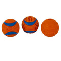 Three Chuckit! Fetch Medley Gen 3 dog balls in orange and blue, each featuring unique textures and designs, are displayed side by side on a white background.