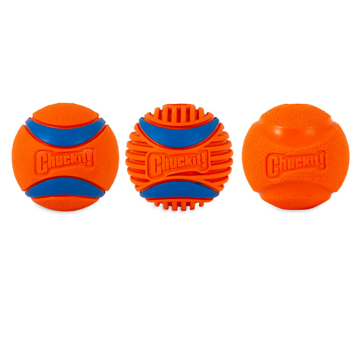 Three Chuckit! Fetch Medley Gen 3 dog balls by Chuckit! are displayed side by side on a white background, each with unique textures and patterns, including the Ultra Ball design.