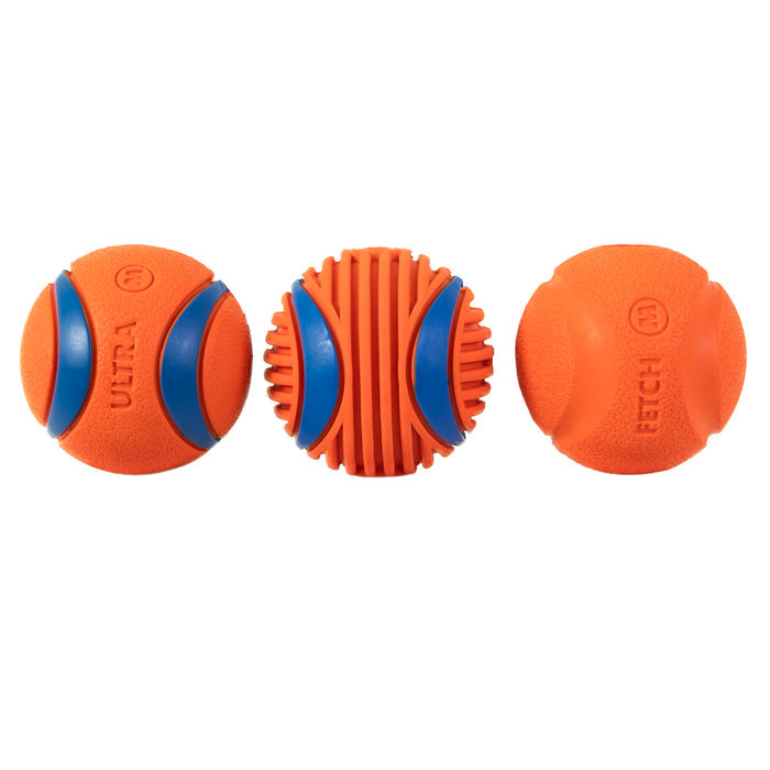 Three Chuckit! Fetch Medley Gen 3 dog balls by Chuckit! are shown side by side, each with distinct textures: the left and right have smooth surfaces with grooves; the middle Ultra Ball has prominent raised ridges.