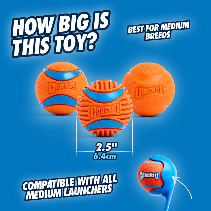 The Chuckit! Fetch Medley Gen 3 by Chuckit! includes three uniquely textured orange and blue balls, each 2.5 in (6.4 cm) for medium breeds, fitting all medium launchers—shown on a blue background.