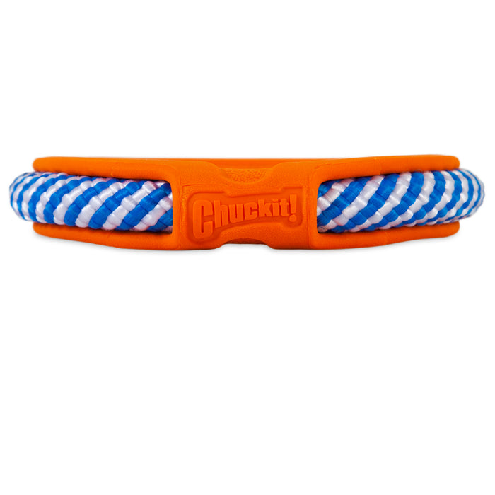 The Chuckit! FetchTug 2-in-1 Dog Toy Ring by Chuckit! features a blue and white braided rope inside an orange rubber holder, shown against a white background.