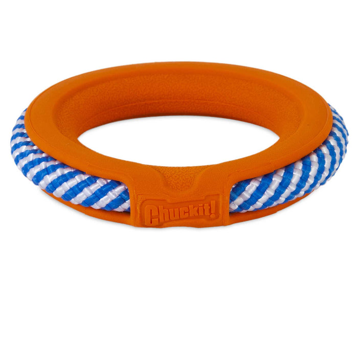 The Chuckit! FetchTug 2-in-1 Dog Toy Ring is an orange rubber ring with a blue and white striped rope woven outside—ideal as a durable tug-of-war dog toy.