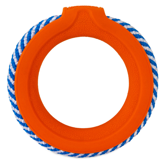 The Chuckit! FetchTug 2-in-1 Dog Toy Ring by Chuckit! features a round, durable orange textured rubber center with a blue-and-white braided rope, ideal for tug-of-war or fetch.