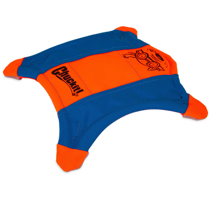 The Chuckit! Flying Squirrel by Chuckit! is a durable, square-shaped orange and blue fabric dog toy with reinforced edges and a cartoon dog face—perfect as a flying disc for endless fetch games.