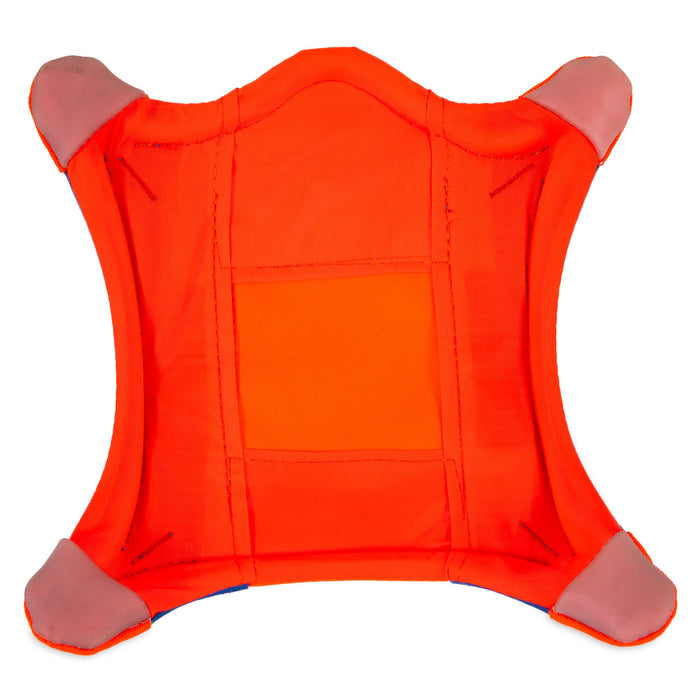 The Chuckit! Flying Squirrel by Chuckit! is a bright orange, square-shaped dog toy with gray corners and reinforced stitching, ideal for tossing, chewing, and fetch games with active pups.
