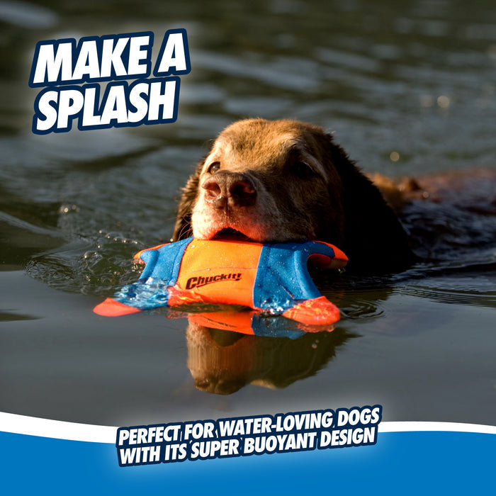 A brown dog swims in a lake holding a Chuckit! Flying Squirrel toy. The text reads, MAKE A SPLASH and “Perfect for water-loving dogs with its super buoyant design.” Brand: Chuckit!.