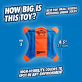 The Chuckit! Flying Squirrel, a small 8.5-inch (21.6 cm) blue and orange fetch toy by Chuckit!, is ideal for small dog breeds under 20 lbs and features durability plus high-visibility colors for easy spotting during play.