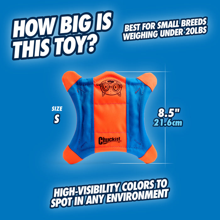 The Chuckit! Flying Squirrel, a small 8.5-inch (21.6 cm) blue and orange fetch toy by Chuckit!, is ideal for small dog breeds under 20 lbs and features durability plus high-visibility colors for easy spotting during play.
