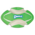 The Chuckit! Fumble Fetch Max Glow is a green and white dog football toy shaped like a football, with white curved ridges and "Chuckit!" in blue and white text. It glows in the dark for fun nighttime fetch sessions.