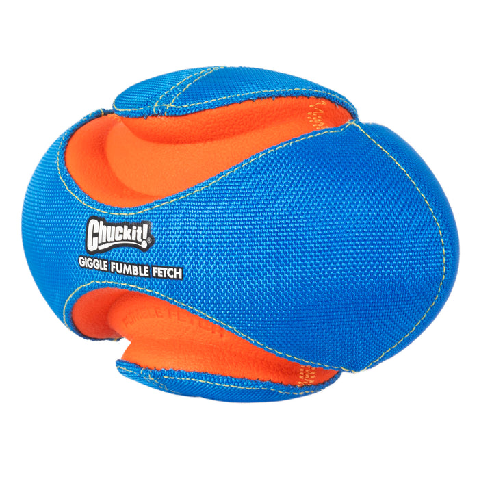 The Chuckit! Giggle Fumble Fetch by Chuckit! is a blue and orange interactive dog toy with open grooves and curved sections, designed for easy gripping, durability, and fun in a unique football shape.
