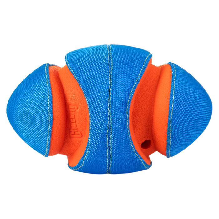 The Chuckit! Giggle Fumble Fetch by Chuckit! is a blue and orange football-shaped interactive dog toy with textured grooves and raised sections for easy gripping—perfect for hours of fetch.