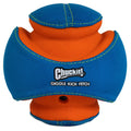 A blue and orange Chuckit! Giggle Kick Fetch dog toy by Chuckit! with textured fabric, curved segmented design, and the Chuckit! logo and product name on the front.
