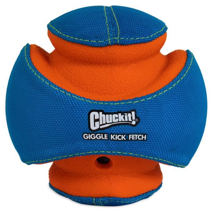 A blue and orange Chuckit! Giggle Kick Fetch dog toy by Chuckit! with textured fabric, curved segmented design, and the Chuckit! logo and product name on the front.