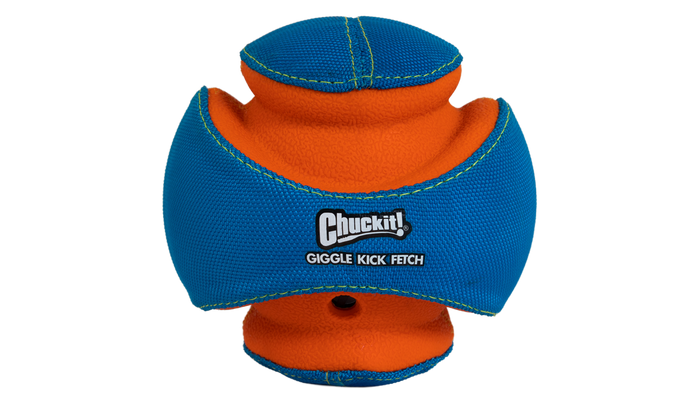 The Chuckit Giggle Kick Fetch dog toy features bright blue and orange colors, curved textured sections, and visible stitching. Perfect for interactive play, it includes hollow areas for easy gripping.