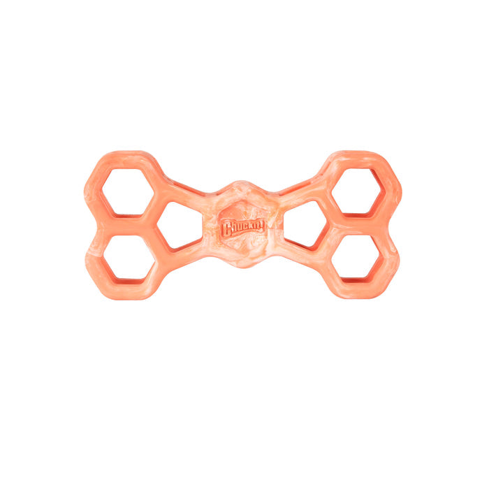The Chuckit! Hol-ee Bone by Chuckit! is an orange, bone-shaped natural rubber dog toy featuring hexagonal cutouts and the brand name at the center. Durable and fun, this dog puzzle toy is shown on a white background.