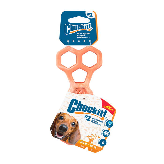 A Chuckit! Hol-ee Bone natural rubber dog toy with a hexagonal handle, shown in packaging featuring a brown dog and blue Chuckit! logo. The label indicates it’s a small Hol-ee Bone by Chuckit!.