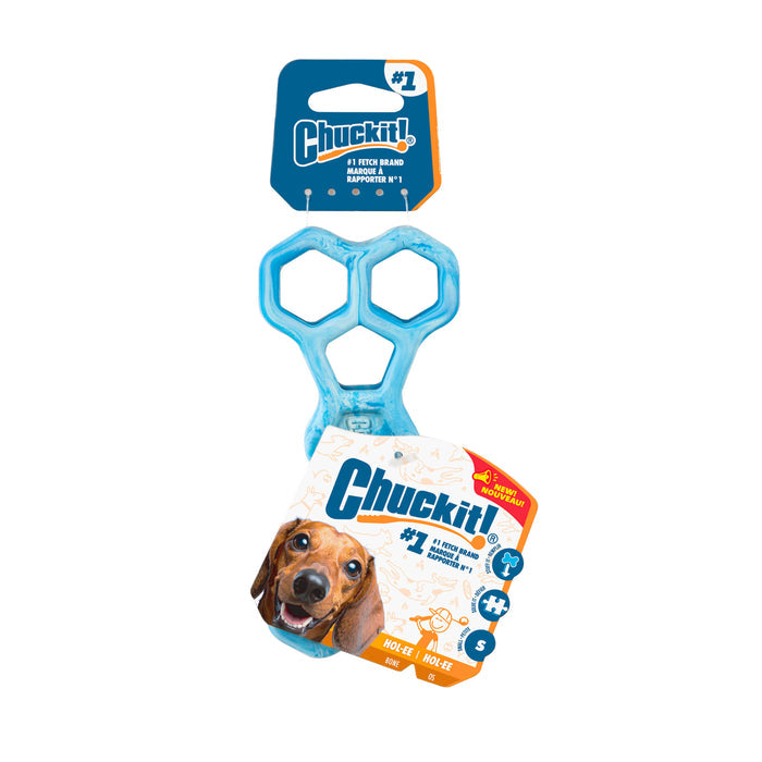 The Chuckit! Hol-ee Bone is a blue natural rubber dog toy with hexagonal openings, shown in packaging with a dachshund and "#1 fetch brand" Chuckit! branding.