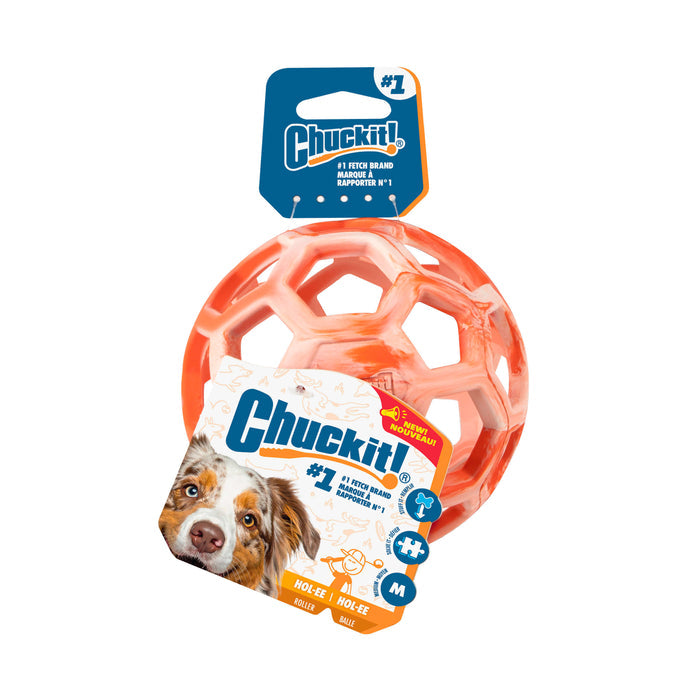 The Chuckit! Hol-ee Roller, a medium orange fetch toy with a hexagon pattern, is shown in packaging featuring the Chuckit! brand, a dog’s face, and blue-orange label highlighting it as the #1 fetch brand.