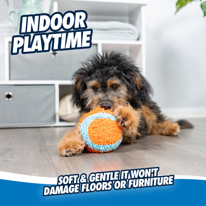 A fluffy black and brown dog plays with the Chuckit! Indoor Ball—a large orange and blue, soft, gentle fetch toy from Chuckit! Perfect for small dogs; safe for indoor play on light wood floors—won’t damage floors or furniture. Text: Indoor Playtime.