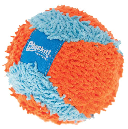 The Chuckit! Indoor Ball by Chuckit! is a fuzzy, soft fetch toy with orange and blue textured panels, ideal for small dogs and safe indoor play. It features a blue label that reads "Chuckit! Fetch Games.