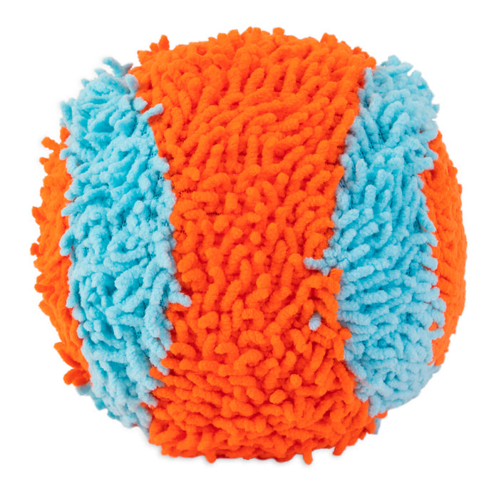 The Chuckit! Indoor Ball by Chuckit! is a round, fuzzy fetch toy with shaggy orange and light blue stripes, perfect as a soft indoor dog ball for small dogs.