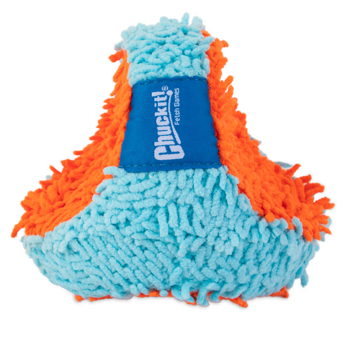 The Chuckit! Indoor Dog Toy Bundle by Chuckit! features a plush, rounded triangular toy with shaggy orange and blue patches and a blue “Chuckit! Fetch Games” tag—ideal for indoor play sessions with your dog.
