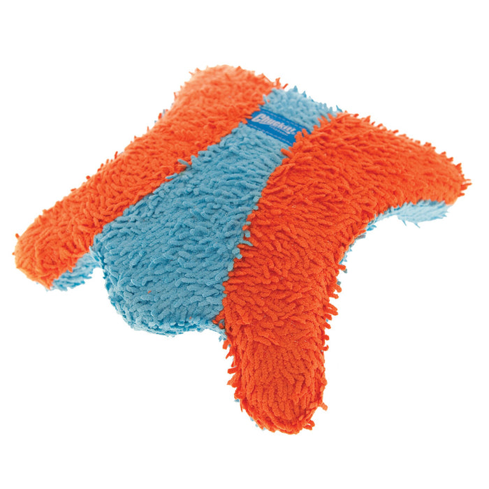 The Chuckit! Indoor Flying Squirrel by Chuckit! is a plush interactive fetch toy, X-shaped with shaggy orange and blue fabric, ideal as an indoor toy for small dogs. It features a small blue label in the center.