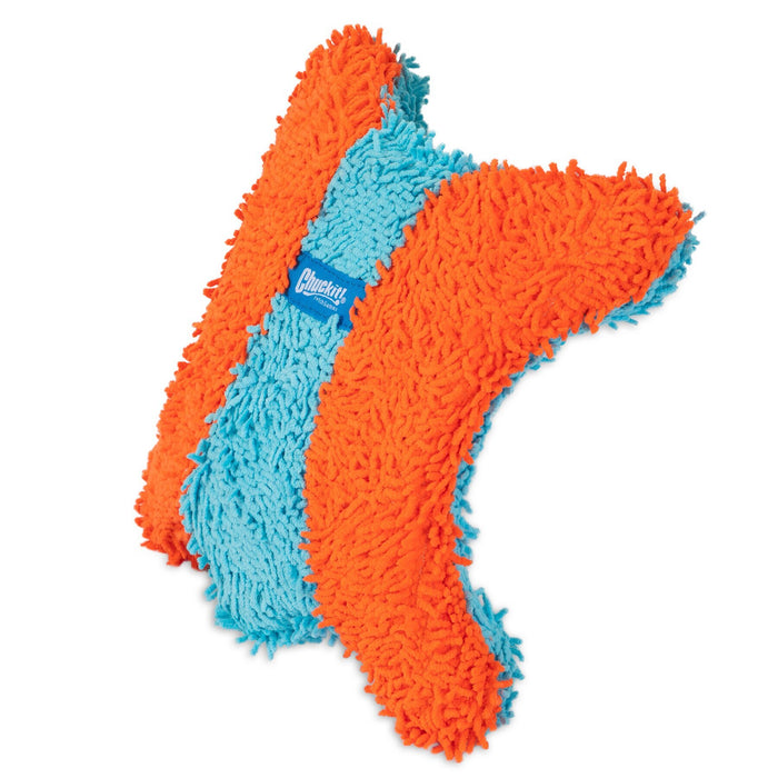 The Chuckit! Indoor Flying Squirrel is a plush indoor dog toy with bright orange and blue shaggy fabric—perfect for interactive fetch or indoor play for small dogs.