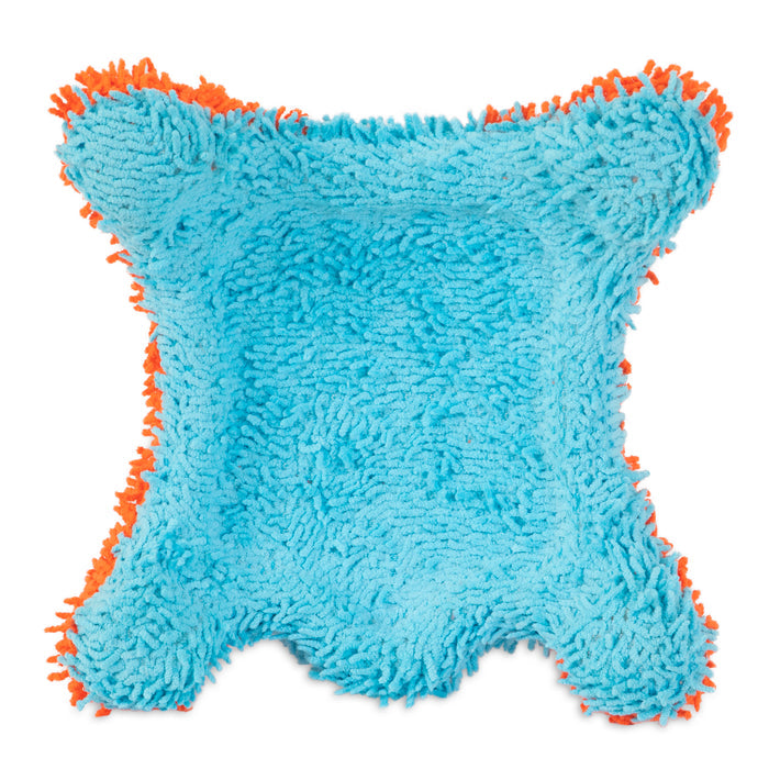 The Chuckit! Indoor Flying Squirrel by Chuckit! is a soft, square blue dog toy with orange shaggy edges and four rounded corners, perfect as a plush mat or cushion for small dogs to enjoy indoors.