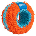 The Chuckit! Indoor Roller Dog Toy is a vibrant, textured ball with orange and blue shaggy fabric and a blue “Chuckit! Fetch Games” patch—perfect as a soft toy for indoor play.