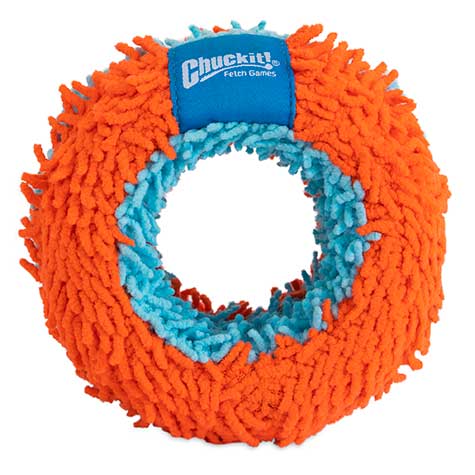The Chuckit! Indoor Roller Dog Toy is a round, plush orange and light blue toy with shaggy fabric and a blue Chuckit! tag, ideal for gentle indoor play.