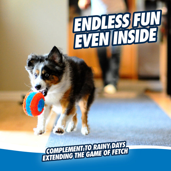 A small dog runs indoors with a Chuckit! Indoor Roller Dog Toy in its mouth. The text says, “Endless fun even inside. A perfect complement to rainy days, this Chuckit! toy keeps the fetch game going indoors.”.