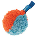 The Chuckit! Indoor Shaker from Chuckit! is a textured dog toy ball with orange and blue segments and a blue fabric loop for easy gripping or throwing—ideal for indoor fetch sessions with small dogs.