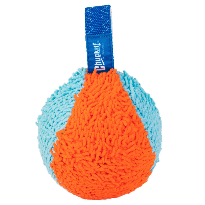 The Chuckit! Indoor Shaker by Chuckit! is a textured, oval indoor dog toy with bright blue and orange sections, a blue handle labeled Chuckit!, and a shaggy microfiber surface perfect for indoor fetch, especially for small dogs.
