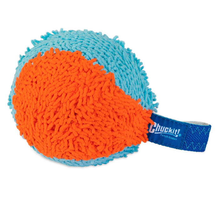 The Chuckit! Indoor Shaker is a blue and orange indoor dog ball toy with a soft, shaggy surface and a blue fabric handle labeled Chuckit!—ideal for small dog fetch sessions inside.